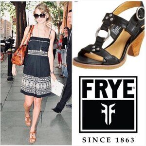 Frye Mandy Leather T-Strap Wood Heel Sandals - Size 10